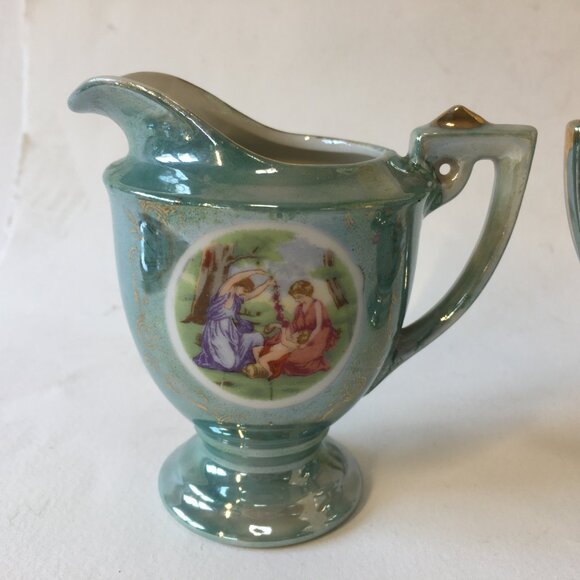 Vintage Victorian Couple Iridescent Porcelain Tea Set Luster Japan Blue Teapot - Picture 11 of 16
